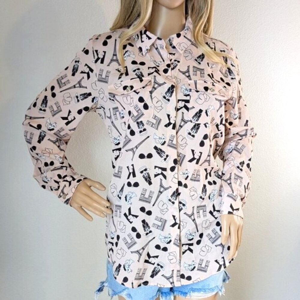 Karl Lagerfeld Button-up Blouse Women's Medium Pink Graphic Cats Paris Top